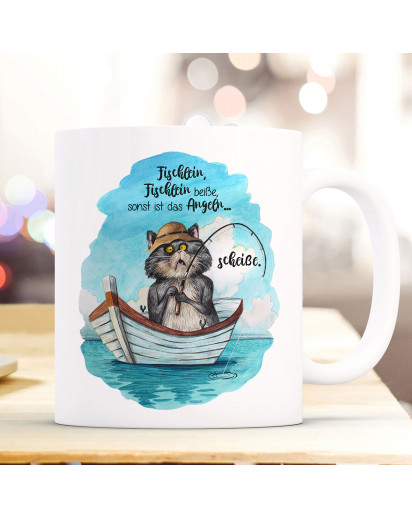 Tasse Becher Kaffeetasse Kater Katze Kätzchen Angelkater Angel Spruch Fischlein beiße sonst scheiße Kaffeebecher Geschenk Spruchbecher ts967