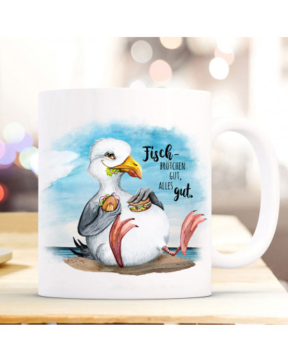 Tasse Becher Kaffeetasse Möwe Vogel Spruch Fischbrötchen gut, alles gut Kaffeebecher Geschenk Spruchbecher ts973