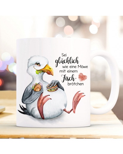 Tasse Becher Kaffeetasse Möwe Vogel Spruch Sei glücklich wie eine Möwe Kaffeebecher Geschenk Spruchbecher ts974