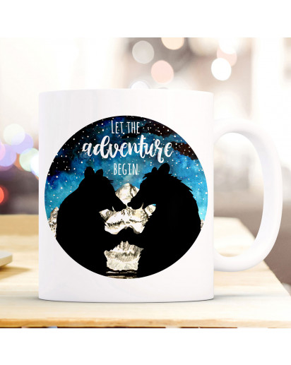 Tasse Becher Kaffeetasse Bär Bärenpaar Spruch Let the Adventure begin Schwarz Nacht Kaffeebecher Geschenk Spruchbecher ts982