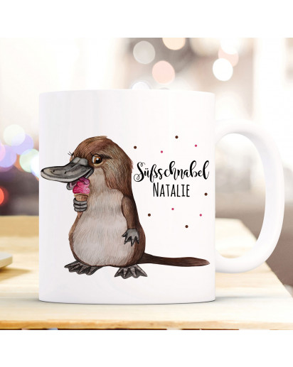 Tasse Becher Schnabeltier mit Eis & Süßschnabel Name Wunschname Kaffeebecher Geschenk Spruchbecher ts983