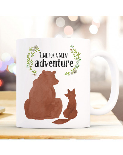 Tasse Becher Kaffeetasse Bär und Fuchs Spruch Time for a great Adventure Kaffeebecher Geschenk Spruchbecher ts985