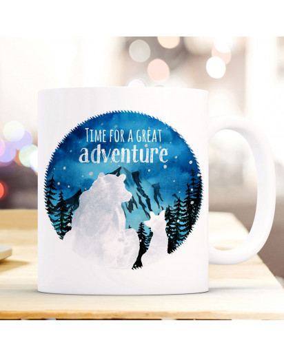 Tasse Becher Kaffeetasse Bär und Fuchs Spruch Time for a great Adventure Berge Kaffeebecher Geschenk Spruchbecher ts986