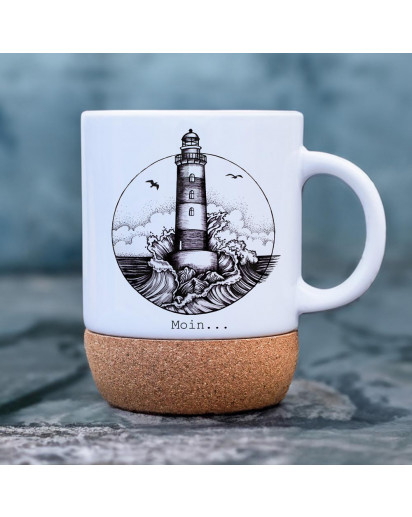 Tasse Becher Keramiktasse mit Kork Korktasse Leuchtturm maritim Spruch Moin... Kaffeepott Kaffeebecher Kaffeetasse Geschenk tsk02