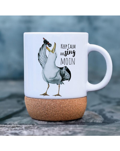 Tasse Becher Keramiktasse mit Kork Korktasse Möwe maritim Spruch sing Moin oder Moin Schnegge Kaffeepott Kaffeebecher Kaffeetasse Geschenk tsk04 tsk05