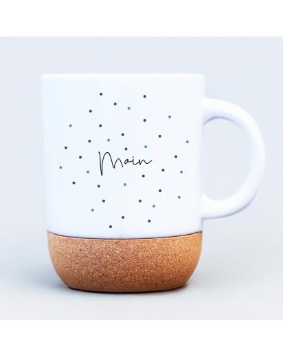 Tasse Becher Keramiktasse mit Kork Korktasse Punkte braun blau oder braun orange Spruch Moin Kaffeepott Kaffeebecher Kaffeetasse Geschenk tsk06 tsk07