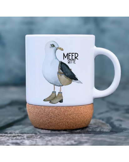 Tasse Becher Keramiktasse mit Kork Korktasse Frau Möwe maritim Spruch Meer bitte Kaffeepott Kaffeebecher Kaffeetasse Geschenk tsk08