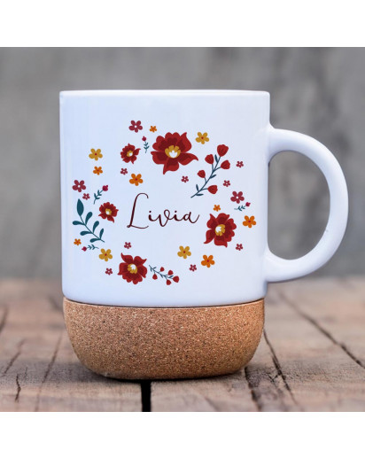 Tasse Becher Keramiktasse mit Kork Korktasse Blumen flowers retro boho mit Wunschname Name Kaffeepott Kaffeebecher Kaffeetasse Geschenk tsk12