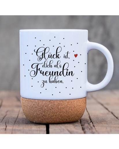 Tasse Becher Keramiktasse mit Kork Korktasse Punkte Spruch Glück dich als Freudin zu haben Kaffeepott Kaffeebecher Kaffeetasse Geschenk tsk15