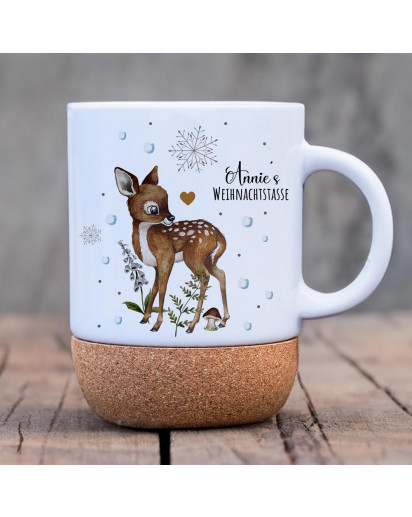 Tasse Becher Keramiktasse mit Kork Korktasse Weihnachten Reh Wunschname Name Weihnachtstasse Kaffeepott Kaffeebecher Kaffeetasse Geschenk tsk20