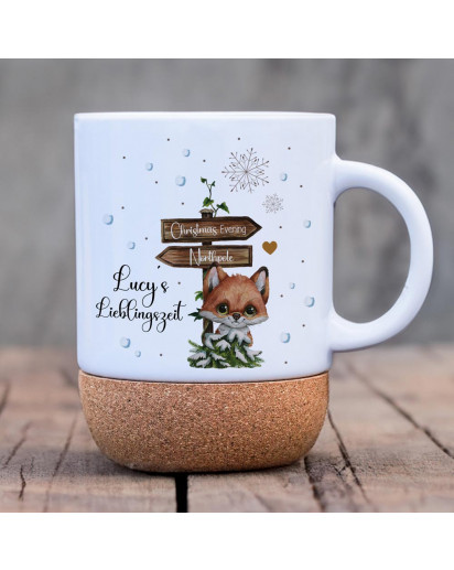 Tasse Becher Keramiktasse mit Kork Korktasse Winter Weihnachten Fuchs Schild Wunschname Name Lieblingszeit Weihnachtstasse Kaffeebecher Kaffeetasse Geschenk tsk21