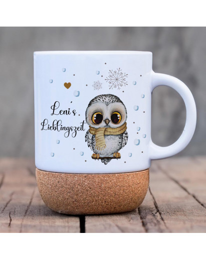 Tasse Becher Keramiktasse mit Kork Korktasse Winter Weihnachten Eule Wunschname Name Lieblingszeit Weihnachtstasse Kaffeebecher Kaffeetasse Geschenk tsk22