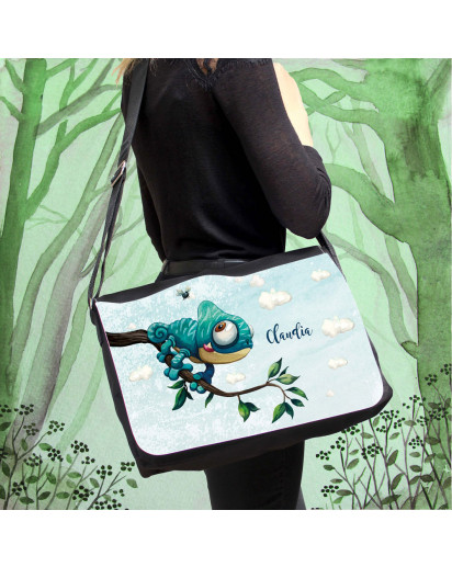 Schultertasche Schultasche Tasche Umhängetasche Federtasche Federmappe Camelion Gecko Eidechse Schmetterlinge Wunschname Geschenk Bundle48 tsu106 fm251