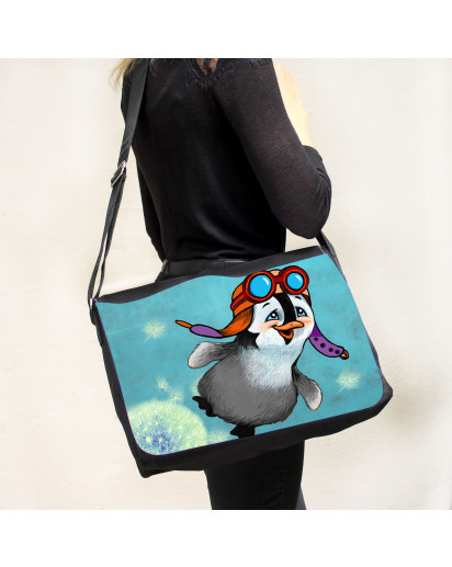 Schultertasche Schultasche Tasche Umhängetasche Pinguin mit Pilotenmütze Pusteblume Löwenzahn tsu53