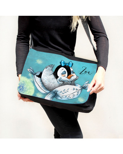 Schultertasche Schultasche Tasche Umhängetasche mit Mädchen Pinguin auf Kissen Pusteblume & Wunschname tsu54