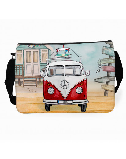 Schultertasche Schultasche Tasche Umhängetasche roter Bulli Bus mit Surf Boards Surfbretter & Name Wunschname tsu73