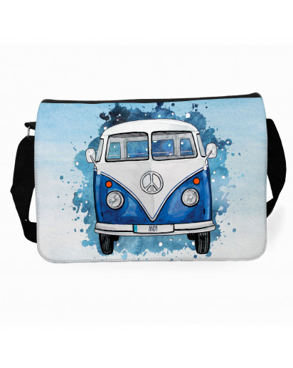 Schultertasche Schultasche Tasche Umhängetasche blauer Bulli Bus Front vorne & Name Wunschname tsu75