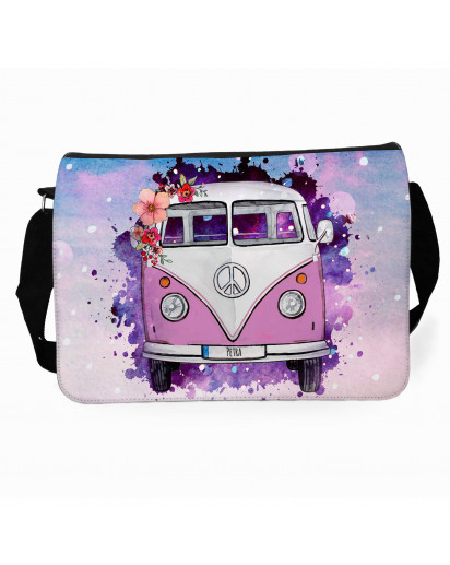 Schultertasche Schultasche Tasche Umhängetasche rosa Galaxie Bulli Bus mit Blumen & Name Wunschname tsu77