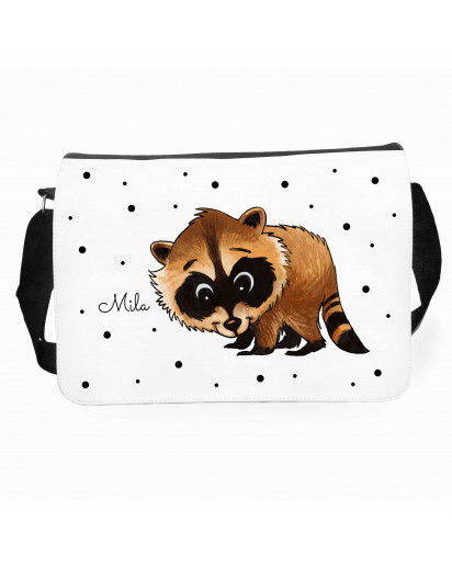 Schultertasche Schultasche Kindertasche Umhängetasche Tasche Waschbär mit Punkten und Wunschnamen satchel sling bag school bag kids bag childrens bag raccoon with dots and custom name tsu09