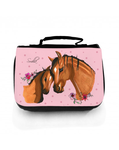 Waschtasche Waschbeutel Kulturbeutel Kosmetiktasche Reisewaschtasche Pferd mit Fohlen Punkten Blumen und Wunschnamen washbag toilet bag sponge bag cosmetics bag travel washbag horse with foal dots flowers and desired name wt114