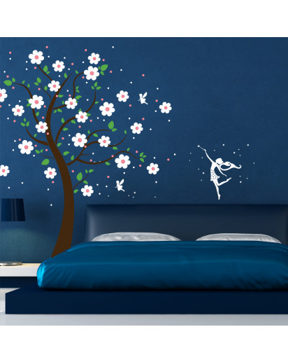 Wandtattoo Wandaufkleber Wandsticker Wandbild Aufkleber Sticker Kirschbaum Kirschblütenbaum Baum mit Elfen Feen Blumen und Sterne vierfarbig wall decal wall mural wall sticker wall tattoo cherry tree with elves fairies pixies flowers and stars quadcolor M