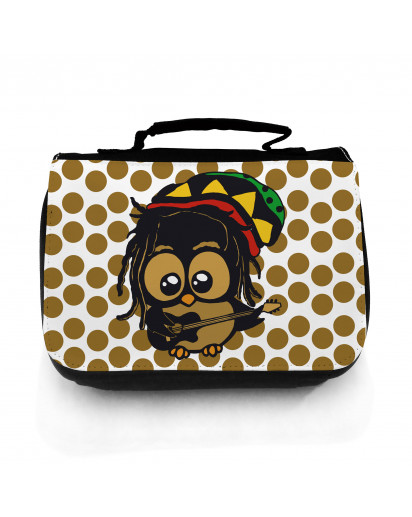 Waschtasche Waschbeutel Kulturbeutel Kosmetiktasche Reisewaschtasche Bob Marley Reggae Eule mit Gitarre braun gepunktet washbag toilet bag sponge bag cosmetics bag travel washbag Bob Marley Reggae owl with guitar brown doted wt058