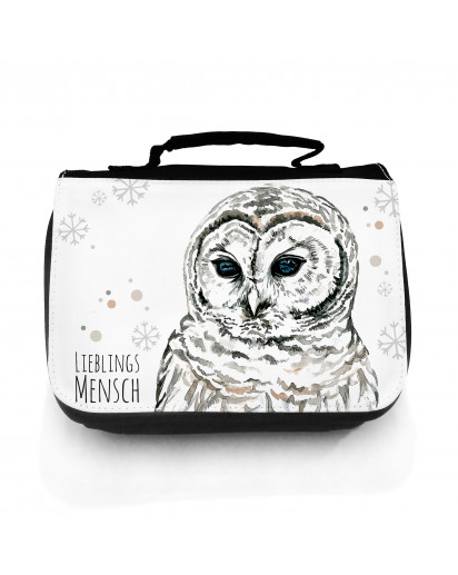 Waschtasche Waschbeutel Kulturbeutel Kosmetiktasche Reisewaschtasche Eule Eulchen Schneeeule Lieblingsmensch mit Schneeflocken und Punkte washbag toilet bag sponge bag cosmetics bag travel washbag snow owl with snowflakes dots and saying favourite person 