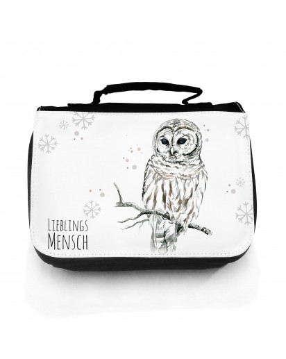 Waschtasche Waschbeutel Kulturbeutel Kosmetiktasche Reisewaschtasche Eule Eulchen Schneeeule Lieblingsmensch mit Schneeflocken und Punkte washbag toilet bag sponge bag cosmetics bag travel washbag snow owl with snowflakes dots and saying favourite person 