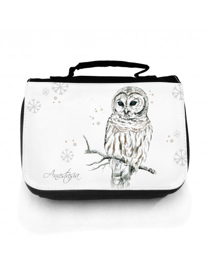 Waschtasche Waschbeutel Kulturbeutel Kosmetiktasche Reisewaschtasche Eule Eulchen Schneeeule mit Schneeflocken Punkte und Wunschnamen washbag toilet bag sponge bag cosmetics bag travel washbag snow owl with snowflakes dots and custom name wt082
