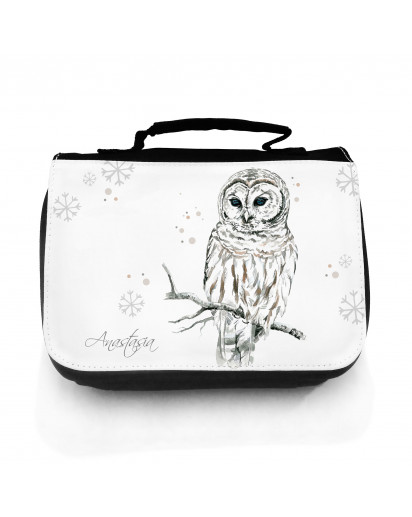 Waschtasche Waschbeutel Kulturbeutel Kosmetiktasche Reisewaschtasche Eule Eulchen Schneeeule mit Schneeflocken Punkte und Wunschnamen washbag toilet bag sponge bag cosmetics bag travel washbag snow owl with snowflakes dots and custom name wt082