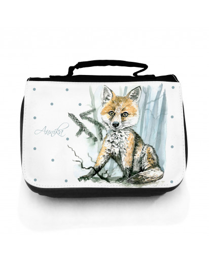 Waschtasche Waschbeutel Kulturbeutel Kosmetiktasche Reisewaschtasche Fuchs im Winterwald mit Punkte und Wunschnamen washbag toilet bag sponge bag cosmetics bag travel washbag fox in winter forest with dots and custom name wt075