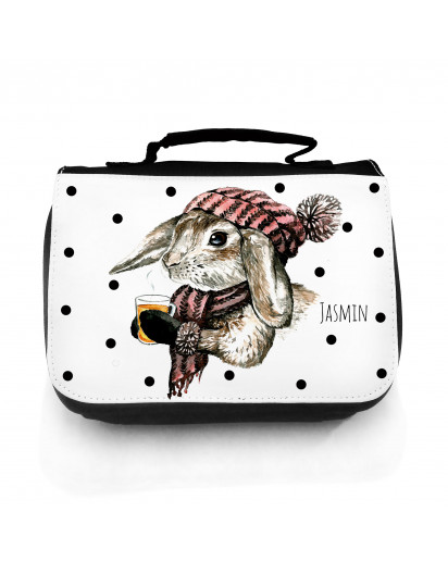 Waschtasche Waschbeutel Kulturbeutel Kosmetiktasche Reisewaschtasche Hase Kaninchen mit Tee Mütze und Wunschnamen washbag toilet bag sponge bag cosmetics bag travel washbag rabbit hare with tea hat and custom name wt062