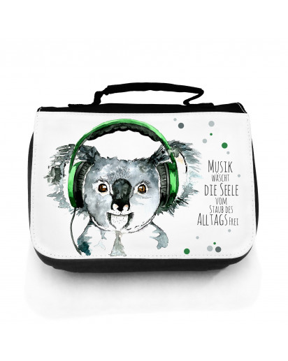 Waschtasche Waschbeutel Kulturbeutel Kosmetiktasche Reisewaschtasche Koala Bär mit Kopfhörer Punkte und Spruch Musik wäscht die Seele frei... washbag toilet bag sponge bag cosmetics bag travel washbag koala bear with headphones dots and saying music washe