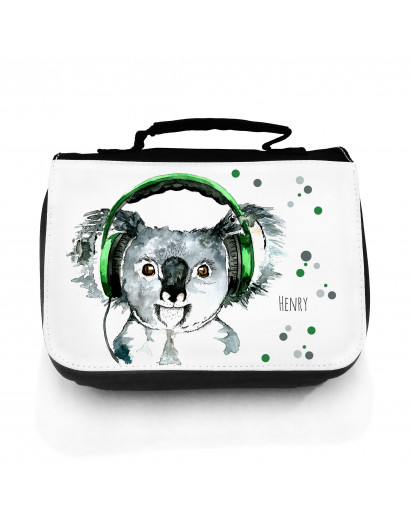 Waschtasche Waschbeutel Kulturbeutel Kosmetiktasche Reisewaschtasche Koala Bär mit Kopfhörer Punkte und Wunschnamen washbag toilet bag sponge bag cosmetics bag travel washbag koala bear with headphones dots and custom name wt077