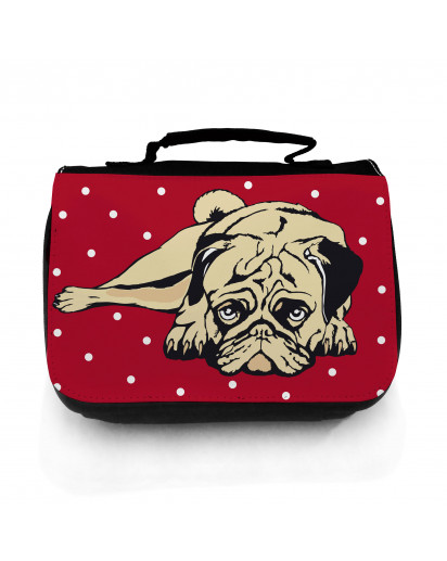 Waschtasche Waschbeutel Kulturbeutel Kosmetiktasche Reisewaschtasche Mops Hund rot weiß gepunktet washbag toilet bag sponge bag cosmetics bag travel washbag pug dog red white doted wt056