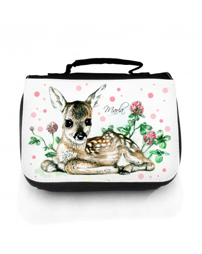 Waschtasche Waschbeutel Kulturbeutel Kosmetiktasche Reisewaschtasche Reh Rehkitz Bambi mit Blumen und Wunschnamen washbag toilet bag sponge bag cosmetics bag travel washbag deer fawn roe with flowers and custom name wt065