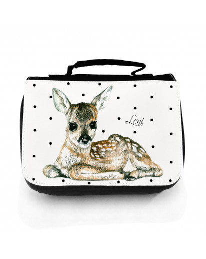 Waschtasche Waschbeutel Kulturbeutel Kosmetiktasche Reisewaschtasche Reh Rehkitz Bambi mit schwarzen Punkten und Wunschnamen washbag toilet bag sponge bag cosmetics bag travel washbag deer fawn roe with black dots and custom name wt066c