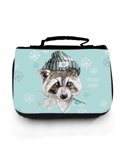 Waschtasche Waschbeutel Kulturbeutel Kosmetiktasche Reisewaschtasche Waschbär mit Schneeflocken Eiskristalle und Spruch It's cold outside washbag toilet bag sponge bag cosmetics bag travel washbag raccoon with snowflakes ice crystals and saying it's cold 