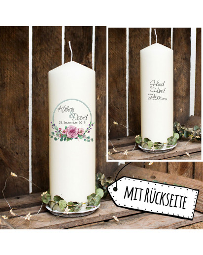 Hochzeitskerze Kerze zur Hochzeit Trauung Traukerze Kreis mit Rosengesteck & Spruch Wunschnamen & Datum wk101