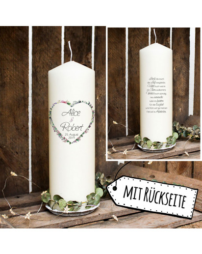 Hochzeitskerze Kerze zur Hochzeit Trauung Traukerze Blumenherz & Spruch Wunschnamen & Datum wk104