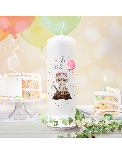 Geburtstagskerze Kerze zum Geburtstag Katze Kätzchen Ballon Wunschname Alter wk135 + wahlweise passendes Teelichthüllen-Set te135