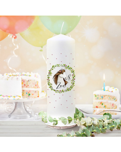 Geburtstagskerze Kerze zum Geburtstag Blumenkranz Pferd Wunschname Alter wk141 + wahlweise passendes Teelichthüllen-Set te141