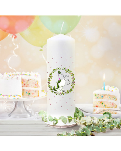 Geburtstagskerze Kerze zum Geburtstag Blumenkranz Einhorn Wunschname Alter wk142 + wahlweise passendes Teelichthüllen-Set te142