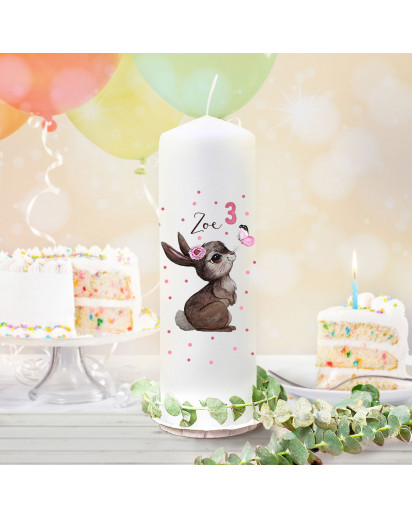 Geburtstagskerze Kerze zum Geburtstag Hase Schmetterling, Wunschname Alter wk159 + wahlweise passendes Teelichthüllen-Set te159