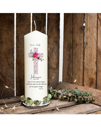 Taufkerze Kerze zur Taufe oder Geburt Kommunionkerze Kreuz rosa mit Blumen Spruch Wunschname & Datum wk38