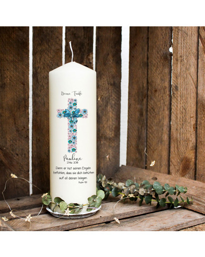 Taufkerze Kerze zur Taufe oder Geburt Kommunionkerze Kreuz hellblau mit Blumen Spruch Wunschname & Datum wk39