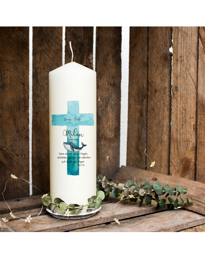 Taufkerze Kerze zur Taufe oder Geburt Kommunionkerze Kreuz blau mit Wal Spruch Wunschname & Datum wk42