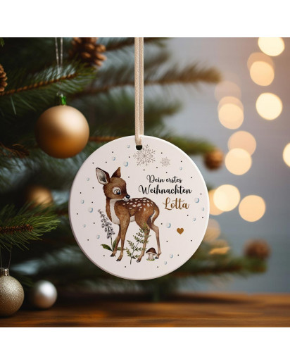 Weihnachtskugel Weihnachtsschmuck Keramik Baumhänger Baumanhänger personalisiert erstes Weihnachten Namen Wunschname Reh deer Tiere Baumkugel wkp1