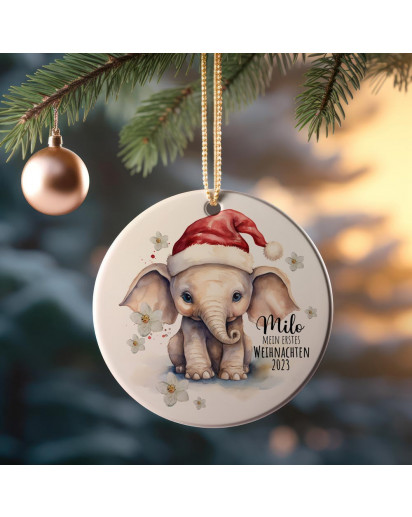 Weihnachtskugel Weihnachtsschmuck Baumhänger Baumanhänger personalisiert erstes Weihnachten Namen Wunschname Elefant Weihnachten Tiere Baumkugel wkp19