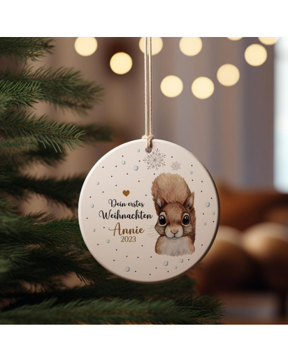 Weihnachtskugel Weihnachtsschmuck Keramik Baumhänger Baumanhänger personalisiert erstes Weihnachten Namen Wunschname Eichhörnchen Tiere Baumkugel wkp2